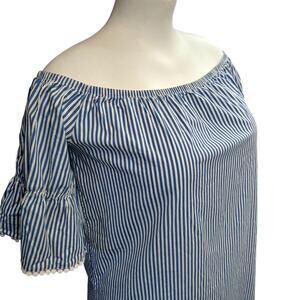 Ambiance Striped Off Shoulder Blouse M Medium Blue White Pom Pom Trim Boho Top